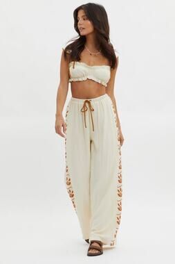 Indikah Womens size XS Maghan Side Print Lined Pants Beige Wide Leg Boho Beachy